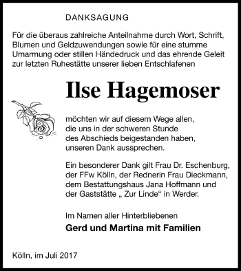 Traueranzeige von Ilse Hagemoser von Neubrandenburger Zeitung