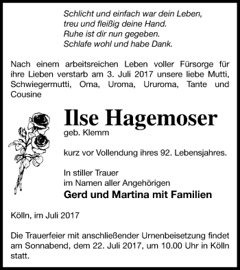 Traueranzeige von Ilse Hagemoser von Neubrandenburger Zeitung