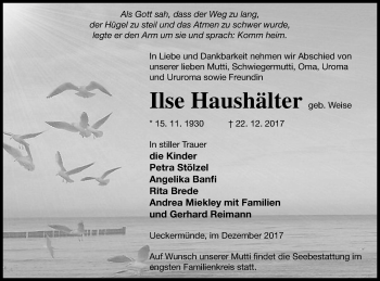 Traueranzeige von Ilse Haushälter von Haff-Zeitung