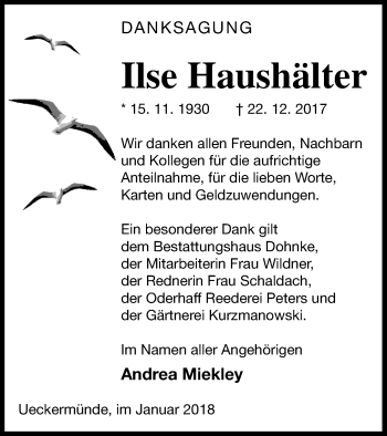 Traueranzeige von Ilse Haushälter von Haff-Zeitung