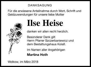 Traueranzeige von Ilse Heise von Demminer Zeitung