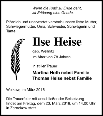 Traueranzeige von Ilse Heise von Demminer Zeitung