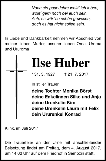 Traueranzeige von Ilse Huber von Müritz-Zeitung