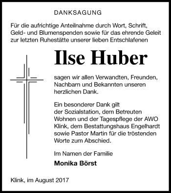 Traueranzeige von Ilse Huber von Müritz-Zeitung