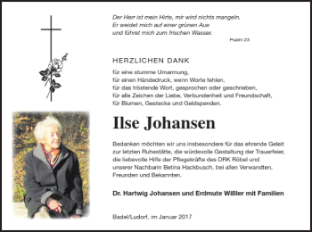 Traueranzeige von Ilse Johansen von Müritz-Zeitung