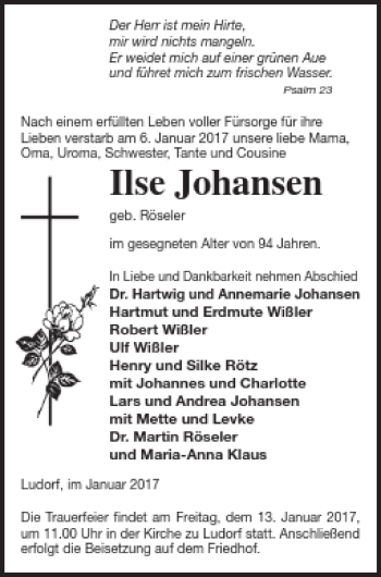 Traueranzeige von Ilse Johansen von Müritz-Zeitung