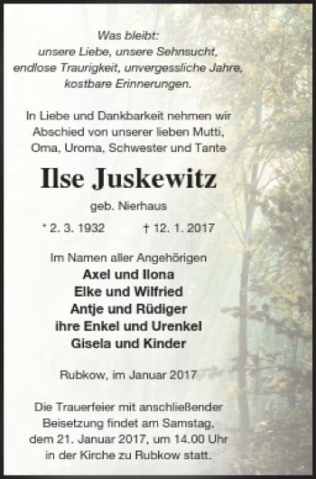 Traueranzeige von Ilse  Juskewitz von Vorpommern Kurier