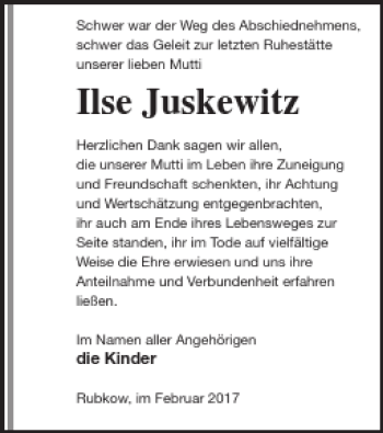 Traueranzeige von Ilse  Juskewitz von Vorpommern Kurier