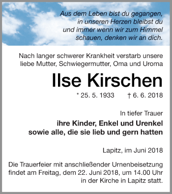 Traueranzeige von Ilse Kirschen von Müritz-Zeitung