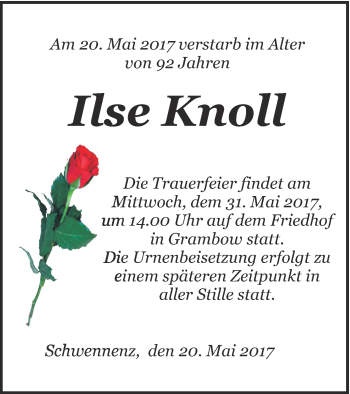 Traueranzeige von Ilse Knoll von Pasewalker Zeitung