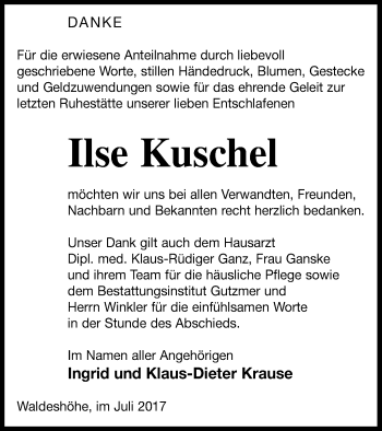 Traueranzeige von Ilse Kuschel von Pasewalker Zeitung