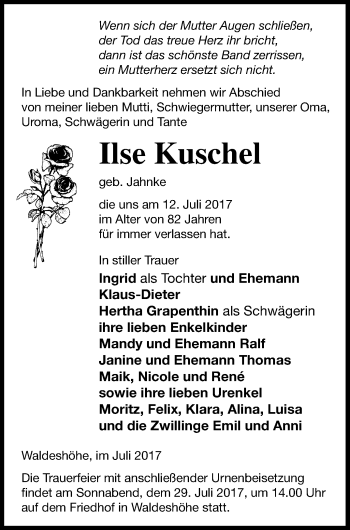 Traueranzeige von Ilse Kuschel von Pasewalker Zeitung