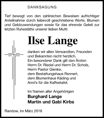 Traueranzeige von Ilse Lange von Vorpommern Kurier