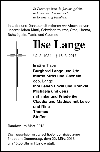 Traueranzeige von Ilse Lange von Vorpommern Kurier