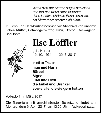 Traueranzeige von Ilse Löffler von Demminer Zeitung