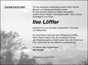 Traueranzeige von Ilse Löffler von Demminer Zeitung