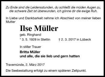 Traueranzeige von Ilse Müller von Haff-Zeitung