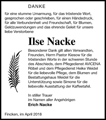 Traueranzeige von Ilse Nacke von Müritz-Zeitung