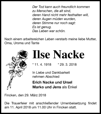 Traueranzeige von Ilse Nacke von Müritz-Zeitung