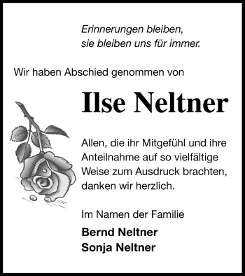 Traueranzeige von Ilse Neltner von Vorpommern Kurier