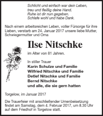 Traueranzeige von Ilse Nitschke von Pasewalker Zeitung
