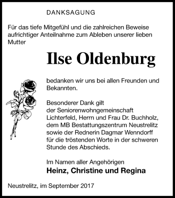 Traueranzeige von Ilse Oldenburg von Strelitzer Zeitung