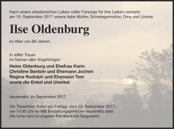 Traueranzeige von Ilse Oldenburg von Strelitzer Zeitung