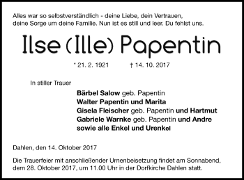 Traueranzeige von Ilse Papentin von Neubrandenburger Zeitung