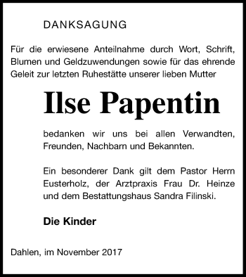 Traueranzeige von Ilse Papentin von Neubrandenburger Zeitung