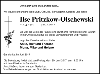 Traueranzeige von Ilse Pritzkow-Olschewski von Templiner Zeitung