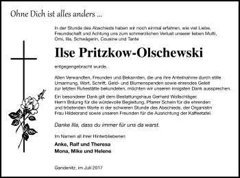 Traueranzeige von Ilse Pritzkow-Olschewski von Templiner Zeitung