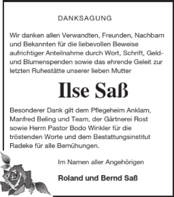 Traueranzeige von Ilse Saß von Vorpommern Kurier