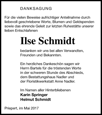 Traueranzeige von Ilse Schmidt von Strelitzer Zeitung