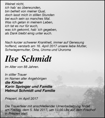 Traueranzeige von Ilse Schmidt von Strelitzer Zeitung