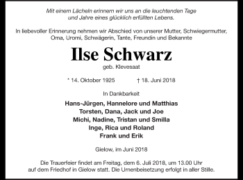 Traueranzeige von Ilse Schwarz von Mecklenburger Schweiz