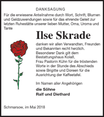 Traueranzeige von Ilse Skrade von Vorpommern Kurier