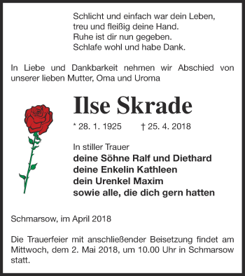 Traueranzeige von Ilse Skrade von Vorpommern Kurier