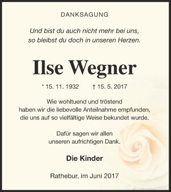 Traueranzeige von Ilse Wegner von Vorpommern Kurier