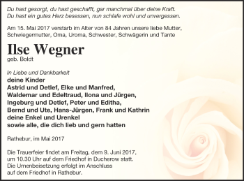 Traueranzeige von Ilse Wegner von Vorpommern Kurier