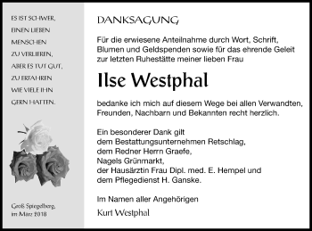 Traueranzeige von Ilse Westphal von Pasewalker Zeitung