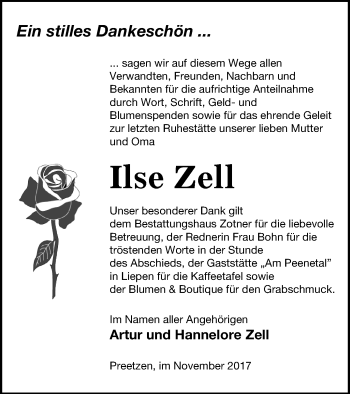 Traueranzeige von Ilse Zell von Vorpommern Kurier