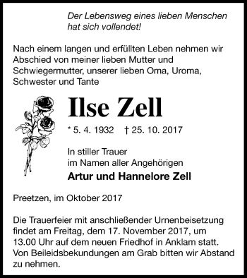 Traueranzeige von Ilse Zell von Vorpommern Kurier