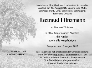 Traueranzeige von Ilsetraud Hinzmann von Pasewalker Zeitung