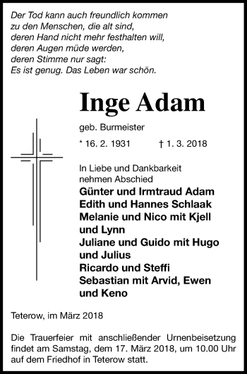 Traueranzeige von Inge Adam von Mecklenburger Schweiz