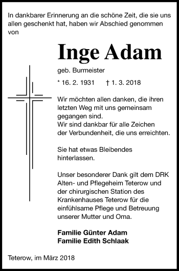Traueranzeige von Inge Adam von Mecklenburger Schweiz