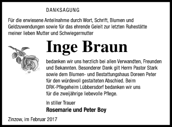 Traueranzeige von Inge Braun von Vorpommern Kurier