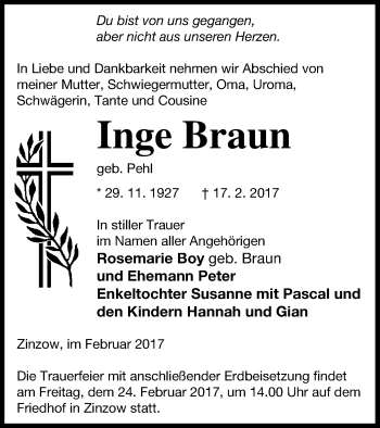 Traueranzeige von Inge Braun von Vorpommern Kurier