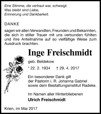 Traueranzeige von Inge Freischmidt von Vorpommern Kurier