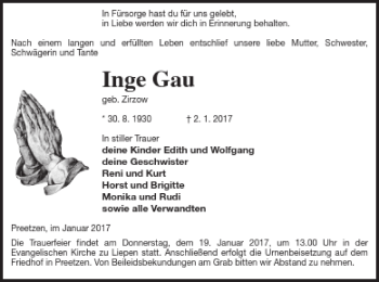 Traueranzeige von Inge Gau von Vorpommern Kurier