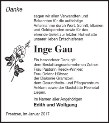 Traueranzeige von Inge Gau von Vorpommern Kurier